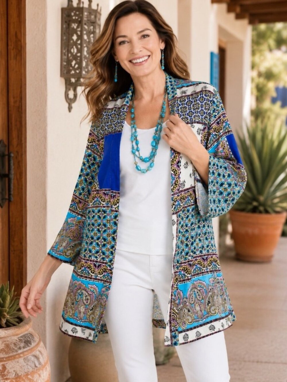 Chico's 100% Linen Kimono Jacket Size 3 Patchwork Paisley Long Open Artsy Boho